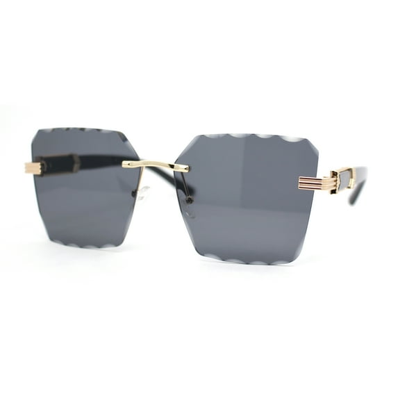 Womens Luxury Rimless Beveled OG Plastic Wood Buff Arm Metal Sunglasses Gold Black - Black