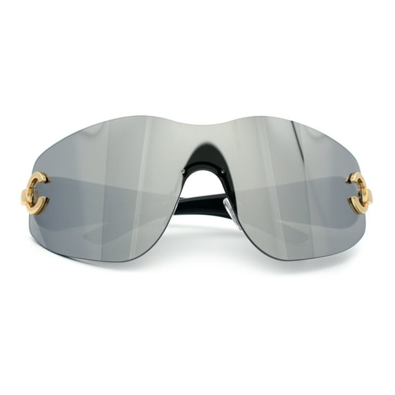 Womens Luxury Rimless Shield Bold Oversize Wrap Diva Sunglasses Black - Silver Mirror