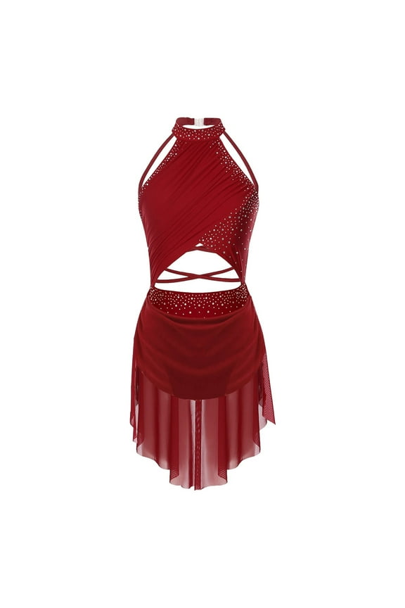 Womens Lyrical Dance Costume Figure Skating Ballet Gymnastics Performance Dancewear Cutout Sleeveless Rhinestone Leotard