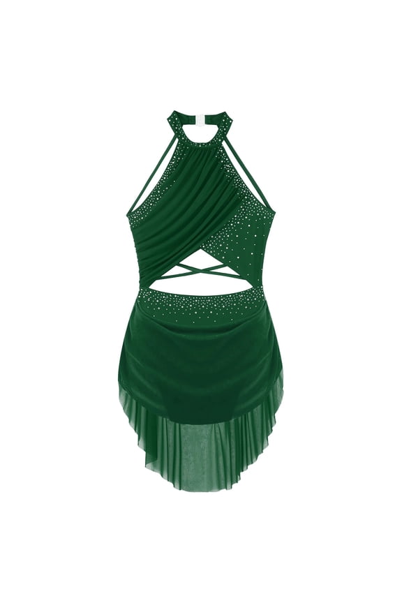 Womens Lyrical Dance Costume Figure Skating Ballet Gymnastics Performance Dancewear Cutout Sleeveless Rhinestone Leotard