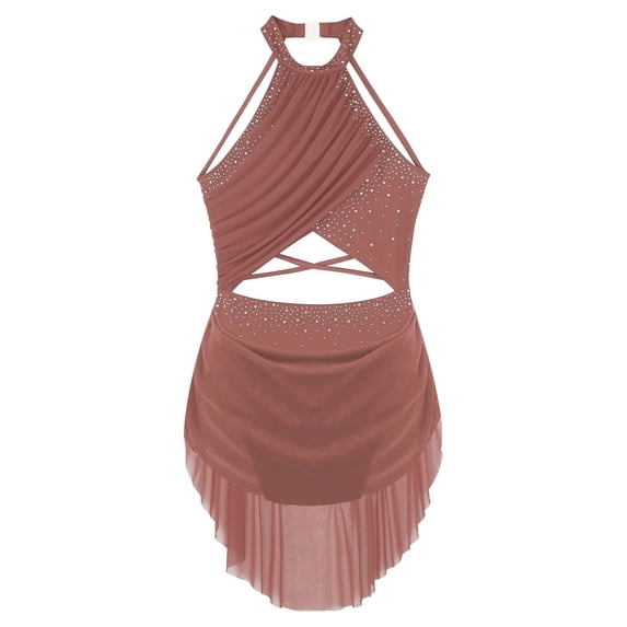 Womens Lyrical Dance Costume Figure Skating Ballet Gymnastics Performance Dancewear Cutout Sleeveless Rhinestone Leotard