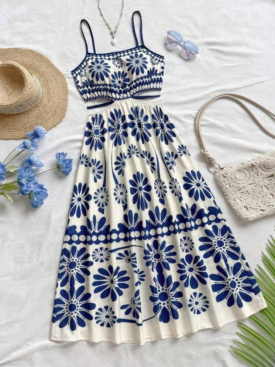 elegant blue floral midi cami dress Womens M Print Two-Piece A-Line With Side Cutouts And Spaghetti Straps Size:6 - 12 M