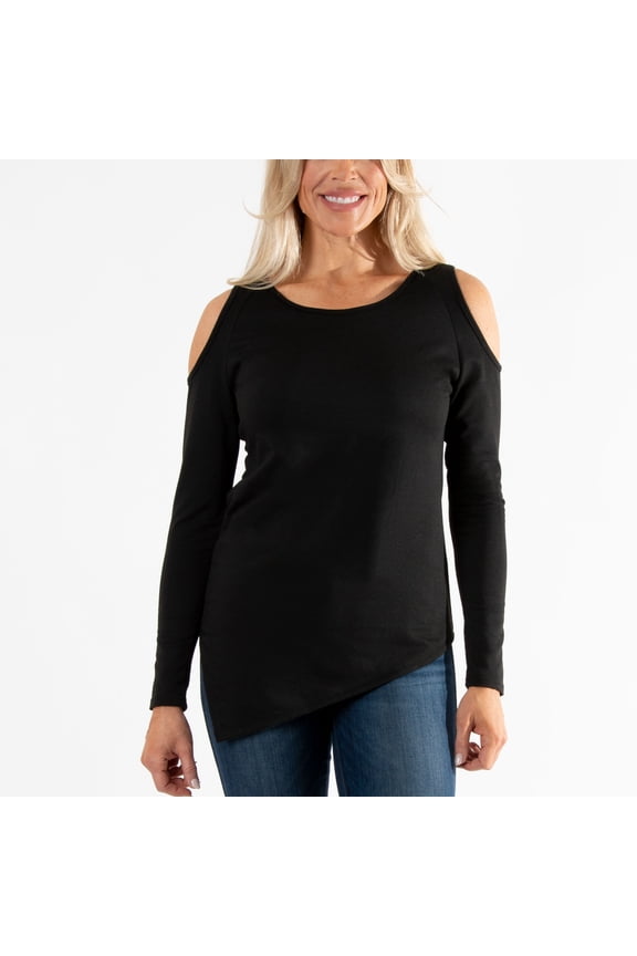 Womens M/L Black French Terry Cold Shoulder Asymmetrical Hem Long Sleeve Top by Howard's