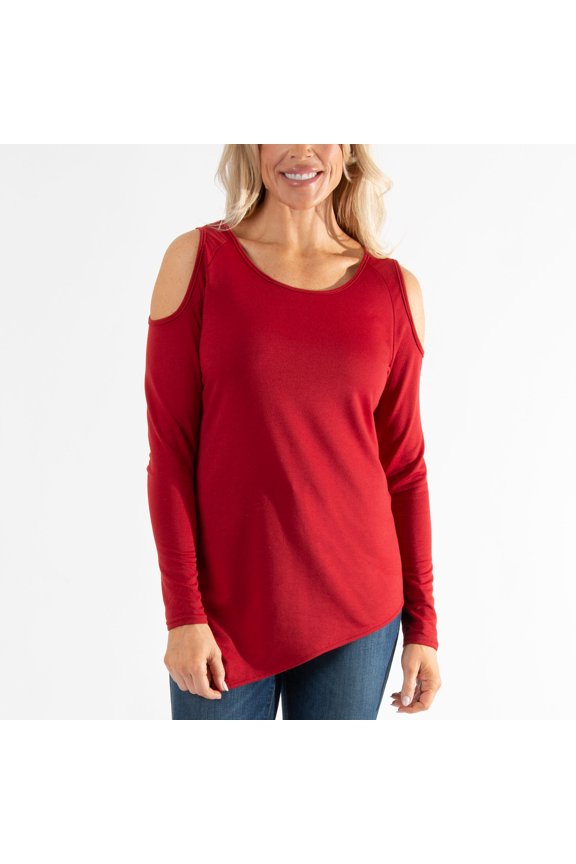 Womens M/L Red French Terry Cold Shoulder Asymmetrical Hem Long Sleeve Top by Howard's