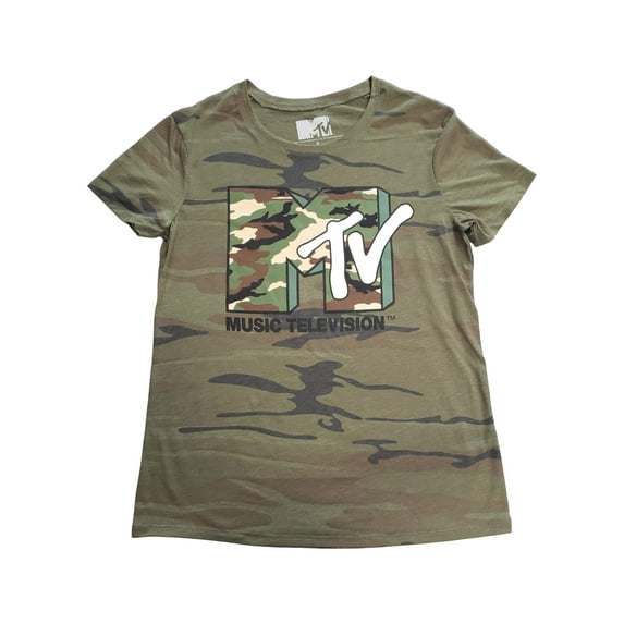 Womens MTV Music Television Army Green Camo Print Short Sleeve T-Shirt XL
