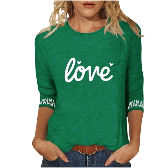Womens Mama 3/4 Sleeve Shirt Plus Size Love Valentines Graphic Tees Tops Casual Crewneck Cotton Comfy Pullover Tshirt, 3XL Green