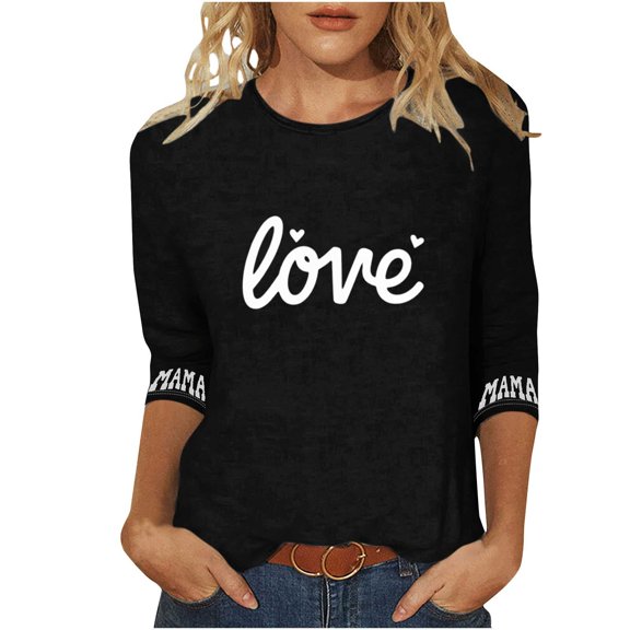 Womens Mama 3/4 Sleeve Shirt Plus Size Love Valentines Graphic Tees Tops Casual Crewneck Cotton Comfy Pullover Tshirt, M Black