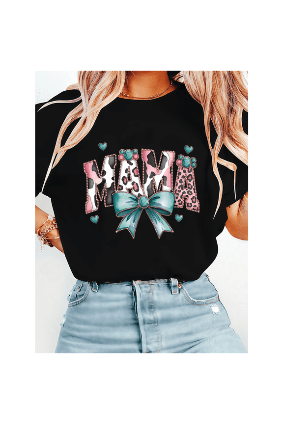 Womens Mama Bows & Leopard with Hearts Pattern T Shirts Trendy Graphic Tees Casual Tops Black,S