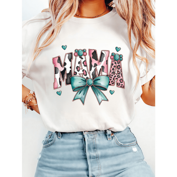 Womens Mama Bows & Leopard with Hearts Pattern T Shirts Trendy Graphic Tees Casual Tops White,3XL