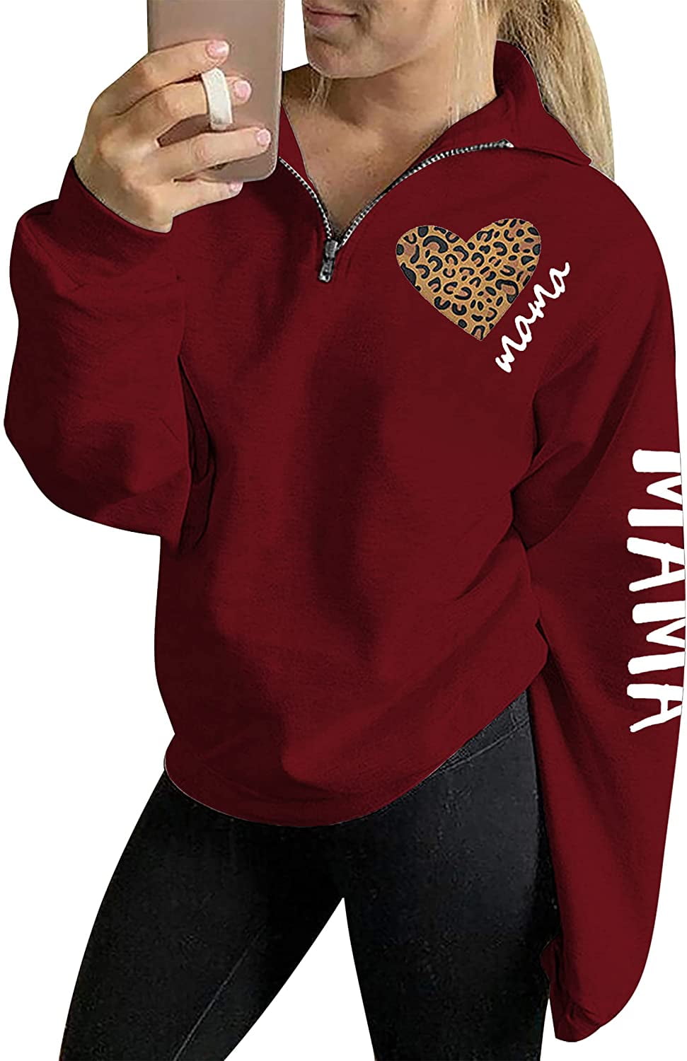 Womens Mama Sweatshirt Mom Life Zip Up Pullover Funny Leopard