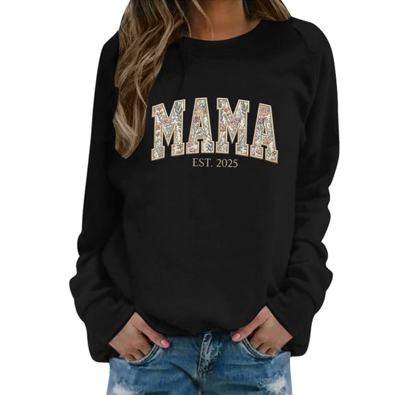 Womens Mama Sweatshirts Funny Letter Print Long Sleeve Round Neck Tunic Tops Casual Fashion Relaxed Fit Pullover Blouses