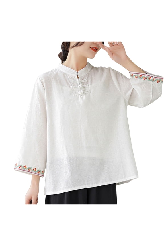 Womens Mandarin Collar Cotton Linen Blouse Retro Embroidery Chinese Buttons Tunic Tops Breathable Casual Summer Shirts