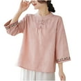 thumbnail image 1 of Womens Mandarin Collar Cotton Linen Blouse Retro Embroidery Chinese Buttons Tunic Tops Breathable Casual Summer Shirts, 1 of 4