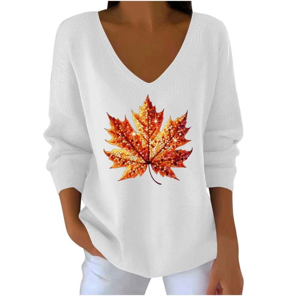 Womens Maple Leaf Sweater Fall Funny Sweatshirts V Neck Long Sleeve Casual Loose Pullover Tops, 5XL White