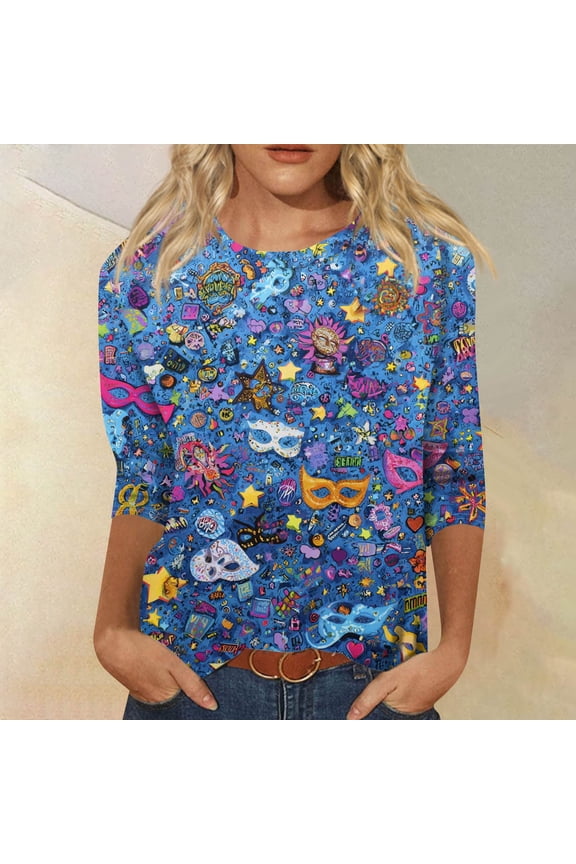 Womens Mar-di Gras Shirts 3/4 Length Sleeve Round Neck Bling Glitter Mask Printed Graphic Tees Funny Party Holiday Shirts