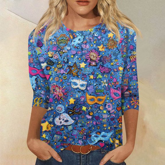 Womens Mar-di Gras Shirts 3/4 Length Sleeve Round Neck Bling Glitter Mask Printed Graphic Tees Funny Party Holiday Shirts