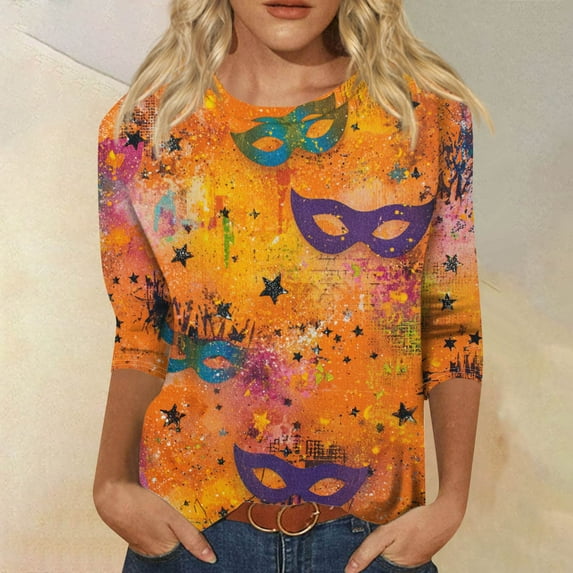 Womens Mar-di Gras Shirts 3/4 Length Sleeve Round Neck Bling Glitter Sequin Printed Graphic Tees Funny Gifts Parade Tshirt