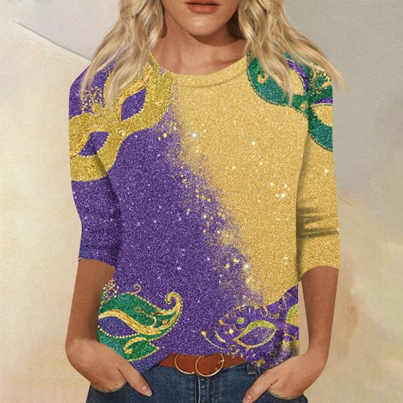 Womens Mar-di Gras Shirts 3/4 Sleeve Mask Graphic Tee Blouse Carnival Themed Party Pullover Crew Neck Tops Holiday Festival Top Loose Fit Tops 2026