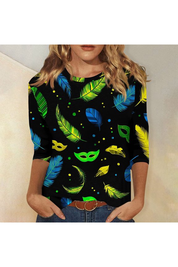 Womens Mar-di Gras Shirts 3/4 Sleeve Tunic Tops Crew Neck Pullover Glitter Mask Print Graphic Tees Funny Gifts Parade Tshirt