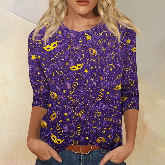 Womens Mar-di Gras Shirts 3/4 Sleeve Tunic Tops Crew Neck Pullover Glitter Mask Print Graphic Tees Funny Party Holiday Shirts