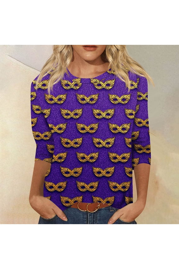 Womens Mar-di Gras Shirts 3/4 Sleeve Tunic Tops Crew Neck Pullover Mask Print Graphic Tees Holiday Festival Top Loose Fit Tops 2026