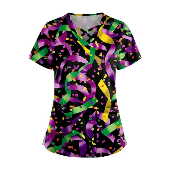 Womens Mardi Gras Scrub Top Carnival Mask Graphic Nurse Uniforms Workwear Stretchy V Neck Holiday Scrub Shirts
