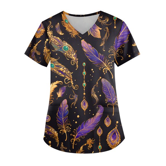 Womens Mardi Gras Scrub Top Funny Mask Feather Printed V-Neck Medical Shirt Tops Mardi Gras Nursing Uniform Shirts Tops with Pockets