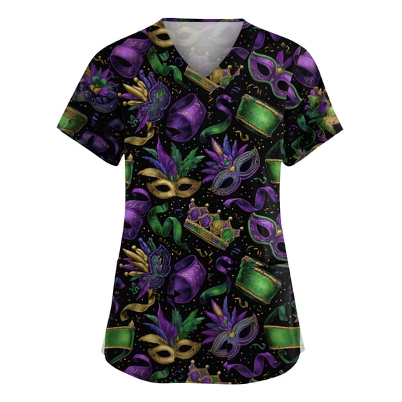 Womens Mardi Gras Scrub Top V Neck Carnival Feather Mask Printed Scrub Tops 2026 Mardi Gras New Medical Plus Size Scrub T Shirts