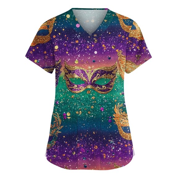 Mardi Gras Scrub Tops for Women Carnival Short Sleeve Glitter Scrubs Sparkly Sequins V Neck Purple Uniform with Pockets