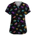 thumbnail image 1 of Womens Mardi Gras Scrub Tops Carnival V Neck Glitter Uniform Feathers Print Sequins Short Sleeve Party Scrubs with Pockets Black S, 1 of 5