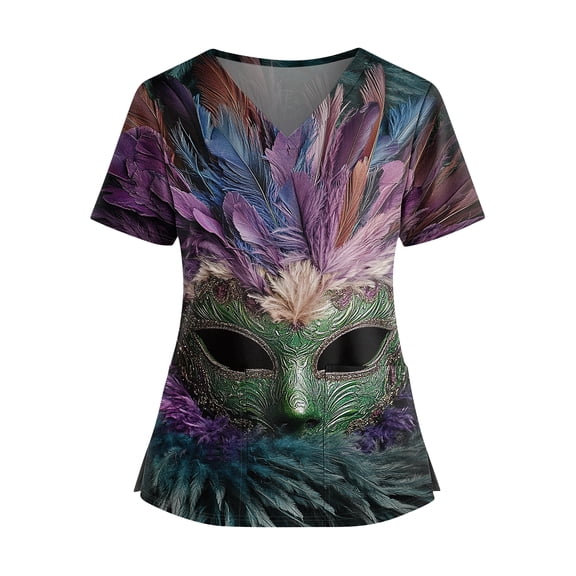 Womens Mardi Gras Scrub Tops Carnival V Neck Glitter Uniform Sparkly Feathers Print Short Sleeve Purple Scrubs with Pockets Green S