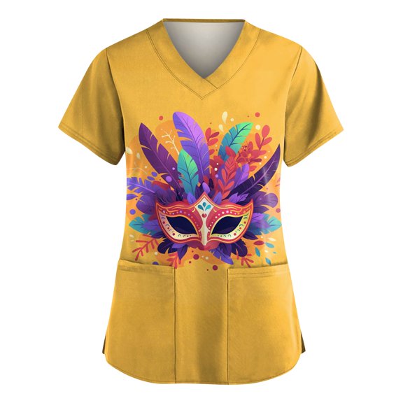 Mardi Gras Scrub Tops for Women Feathers Print Short Sleeve Sparkly Scrubs Glitter Sequins V Neck Gold Uniform with Pockets