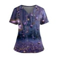 thumbnail image 1 of Womens Mardi Gras Scrub Tops Glitter Short Sleeve Feathers Print Scrubs Sparkly Sequins V Neck Party Uniform with Pockets Purple S, 1 of 4