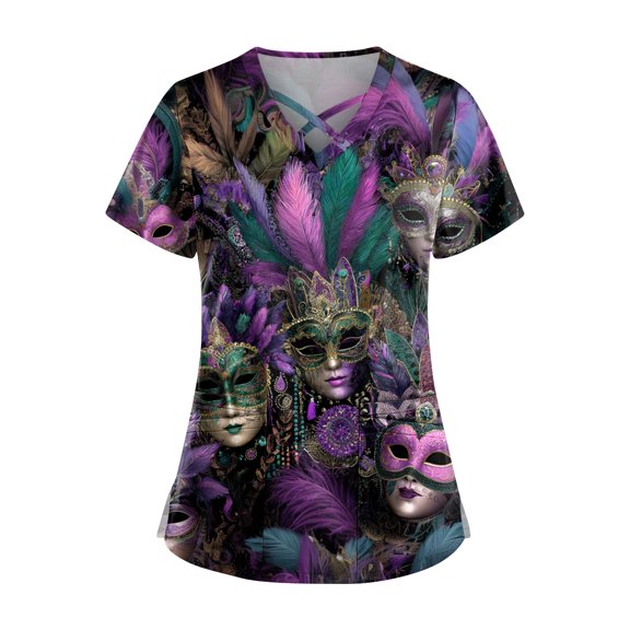 Womens Mardi Gras Scrub Tops Sparkly Short Sleeve Glitter Scrubs Carnival Feathers Print V Neck Nursing Uniform with Pockets Purple 2XL