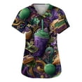 thumbnail image 1 of Womens Mardi Gras Scrub Tops Sparkly Short Sleeve Glitter Uniform Carnival Mask Print V Neck Novelty Scrubs with Pockets Purple 4XL, 1 of 5