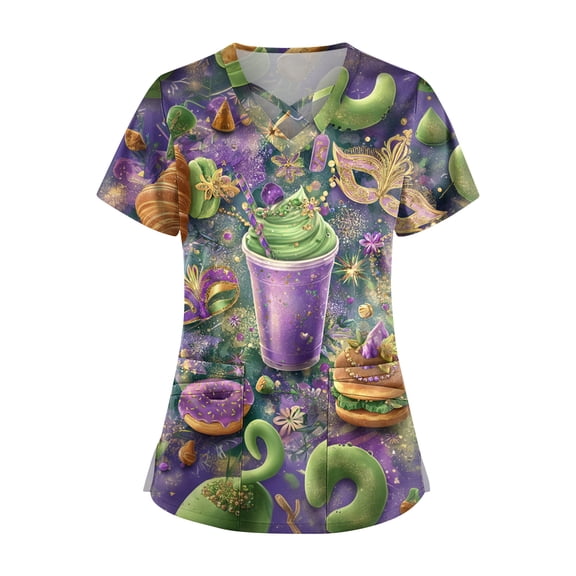 Womens Mardi Gras Scrub Tops Sparkly V Neck Carnival Uniform Feathers Print Glitter Short Sleeve Green Scrubs with Pockets Light Purple XL