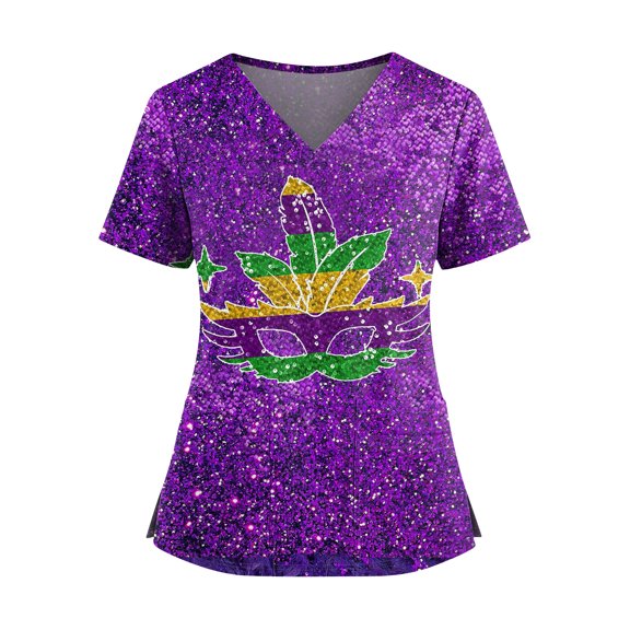 Womens Mardi Gras Scrub Tops Sparkly V Neck Sequins Uniform Glitter Carnival Short Sleeve Novelty Scrubs with Pockets Light Purple M