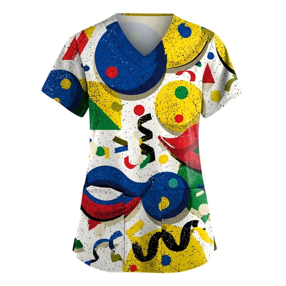 Womens Mardi Gras Scrubs Carnival Glitter Short Sleeve Nurse Uniform Mask Print V Neck Novelty Nursing Top with Pockets Yellow 5XL