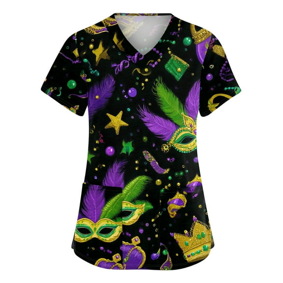 Womens Mardi Gras Scrubs Glitter Sequins Short Sleeve Nursing Top Carnival V Neck Gold Workwear with Pockets Light Purple 4XL