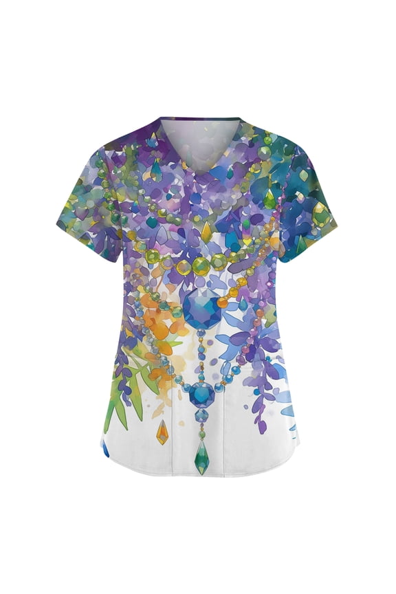 Womens Mardi Gras Scrubs Sequins Sparkly Short Sleeve Nurse Uniform Feathers Print V Neck Gold Scrubs with Pockets Purple 5XL