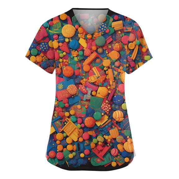 Womens Mardi Gras Scrubs Sparkly Carnival Short Sleeve Workwear Sequins V Neck Green Scrubs with Pockets Orange M