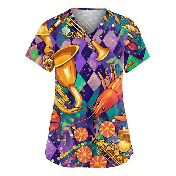 Womens Mardi Gras Scrubs Sparkly Glitter V Neck Workwear Mask Print Short Sleeve Gold Nurse Uniform with Pockets Orange 2XL