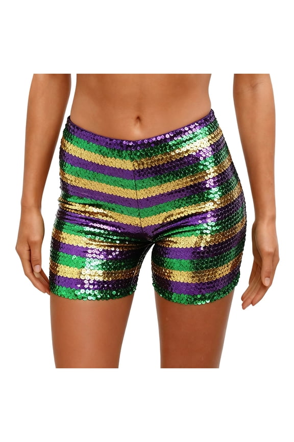 Womens Mardi Gras Sequin Mini Shorts Y2K Going Out Low Rise Micro Shorts Party Concert Carnival Sparkly Short (Gold,L)