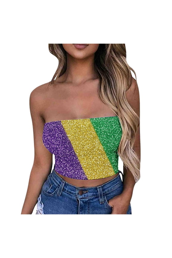 Womens Mardi Gras Sequin Tube Top Sleeveless Sexy Sparkly Crop Tops Strapless Casual Backless Glitter Cute Tank Tops