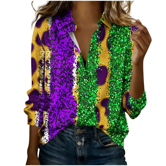 Womens Mardi Gras Shirt Long Sleeve Button Down Blouse Purple Green Gold Color Block Print Soft Cotton Blend Relaxed Fit Tunic Festival Party Top,Size M