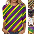 thumbnail image 1 of Womens Mardi Gras Shirts 3/4 Sleeve Tops Plus Size Mask Graphic Crew Neck Striped Tee Shirt Loose Casual Tunic Party Tops Holiday Mardi Gras Clothes 2026, 1 of 7