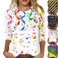 thumbnail image 1 of Womens Mardi Gras Shirts 3/4 Sleeve Tops Plus Size Mask Graphic Crew Neck Striped Tee Shirt Loose Casual Tunic Party Tops Holiday Mardi Gras Clothes 2026, 1 of 7