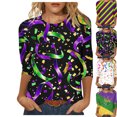 thumbnail image 1 of Womens Mardi Gras Shirts 3/4 Sleeve Tops Plus Size Mask Graphic Crew Neck Striped Tee Shirt Loose Casual Tunic Party Tops Holiday Mardi Gras Clothes 2026, 1 of 7