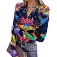 thumbnail image 1 of Womens Mardi Gras Shirts Carnival Feathers Print Long Sleeve Blouse Sequins V Neck Green Tunic Tops Dark Blue L, 1 of 7