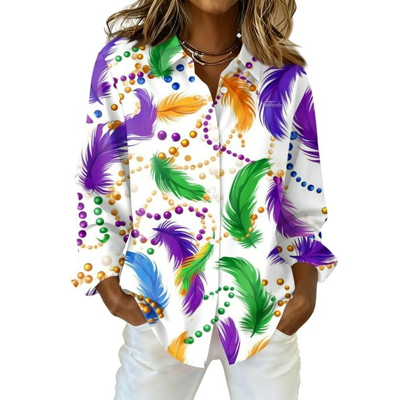 Womens Mardi Gras Shirts Carnival Party Long Sleeve Button Down Blouses Funny Graphic Masquerade Party Tshirt